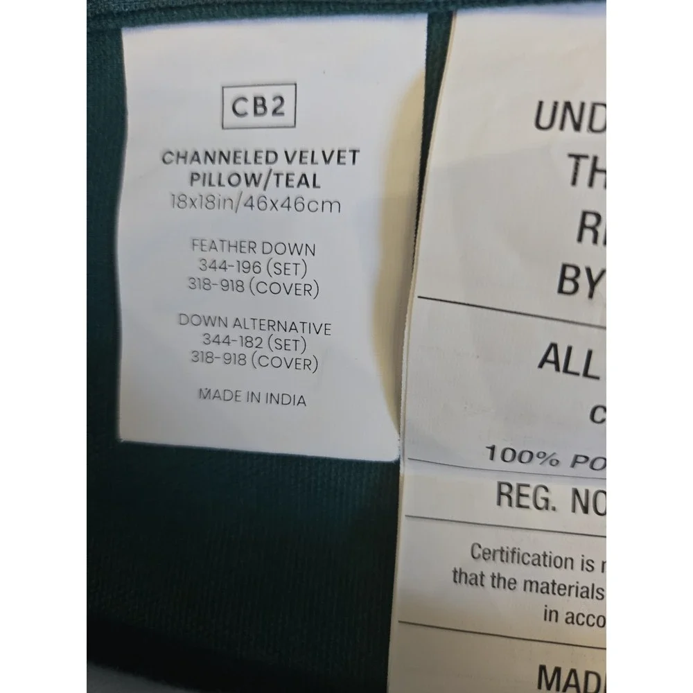 Crate and Barrel CB2 Pillow Cover Channeled Velvet Teal 18x18 Square Modern